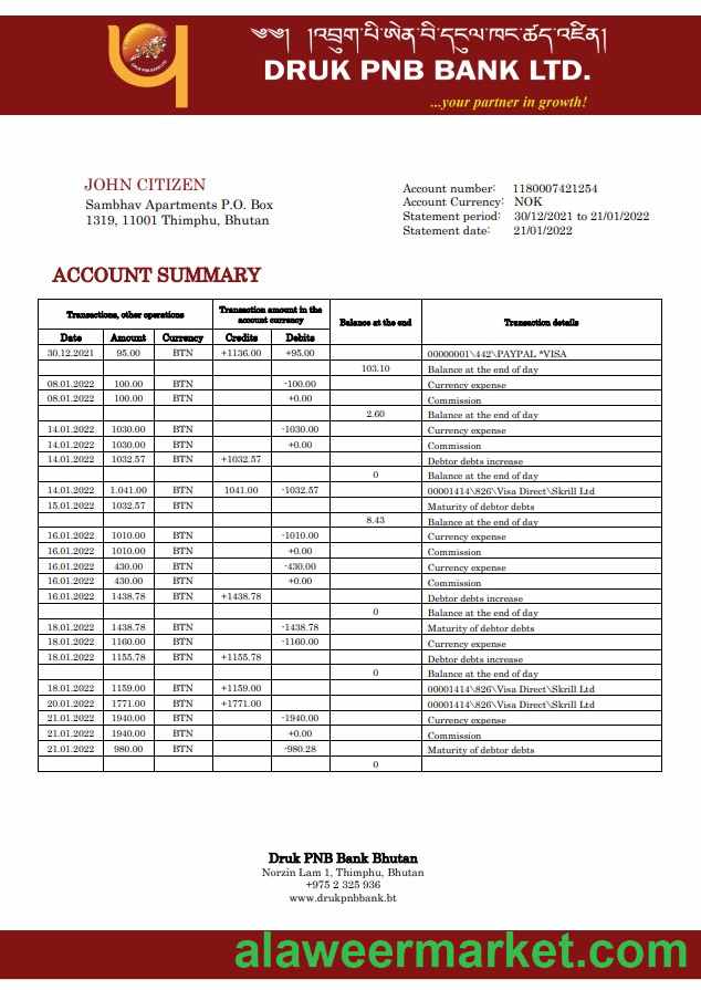 Bhutan Druk PNB bank statement